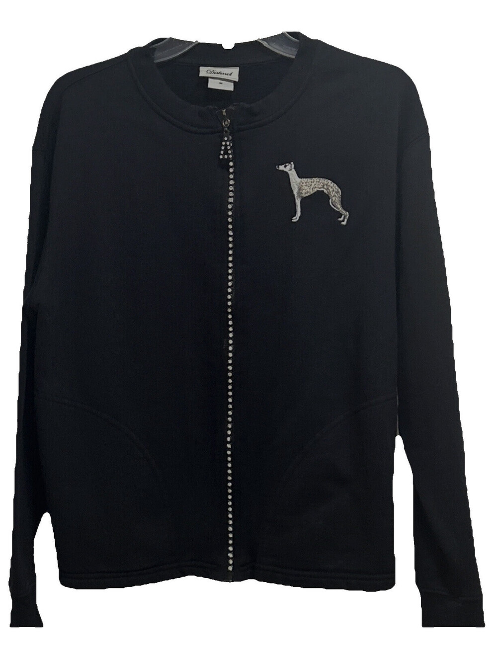 Distinct Vtg Size M Black Zip Front Jacket Embroidered Dog Rhinestones EUC